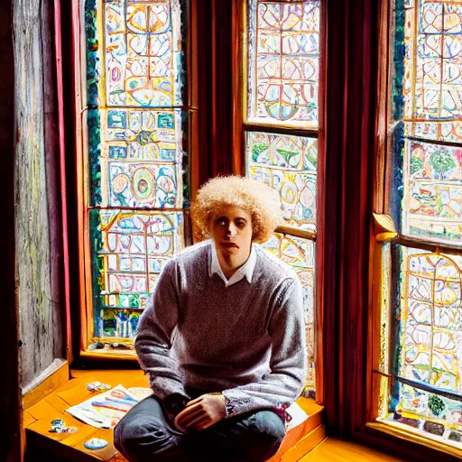 Prompt: vibrant, beautiful, award - winning, photograph of a gawain sitting on a wooden table, tea leaves falling in. daytime, sun light, natural light,