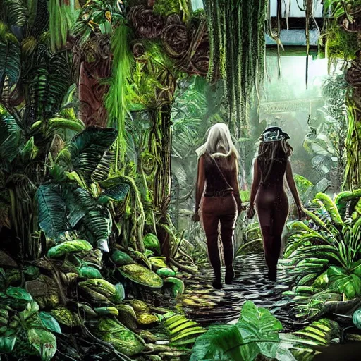 Image similar to interior shot of a lush jungle with two steam punk explorers navigating the harsh terrain,