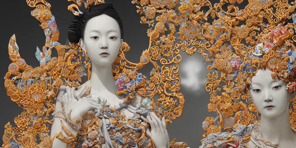 Prompt: A photo-real delicate ceramic porcelain sculpture of an ornate detailed queen in front of a intricate background by Victo Ngai and takato yamamoto, micro detail, backlit lighting, subsurface scattering, translucent, thin porcelain, octane renderer, colorful, physically based rendering, japanese pottery, trending on cgsociety 'H 1024