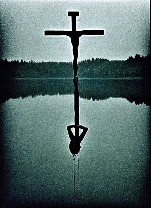 Image similar to “semitranslucent frog body vertically hovering over misty lake waters in crucifix pose, low angle, long cinematic shot by Andrei Tarkovsky, paranormal, eerie, mystical”