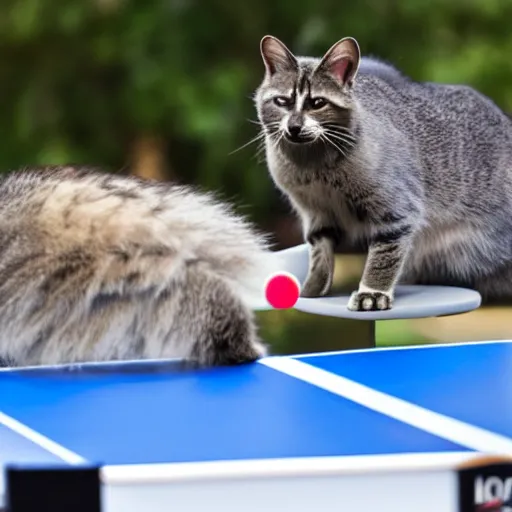 Image similar to a cat playing table tennis against a racoon