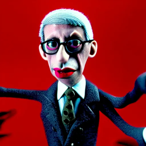 Prompt: claymation anthony fauci by klaus schwab, hyperrealistic, very detailed, tim burton, 3 5 mm film still, gothic, horror, eldritch