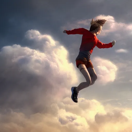 Image similar to running and falling on clouds, 4k, post-processing, detailed, artstation