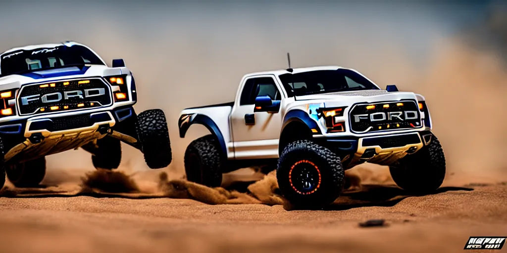 Image similar to Hot Wheels, Ford F-150 Raptor, cinematic, Maxxis, 8k, depth of field, bokeh. DAKAR