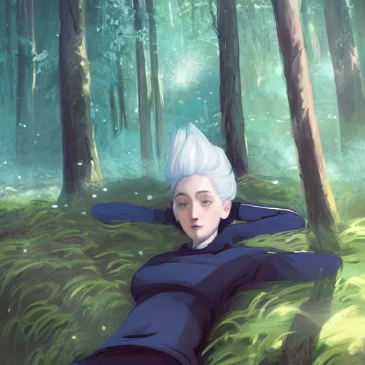 Image similar to girl sorcerer with white hair in a hairbun, wearing a black tshirt, and wearing blue jean. she is laying down sleeping, in a forest landscape. digital art, environment concept art, by rossdraws, ghibli, art by greg rutkowski
