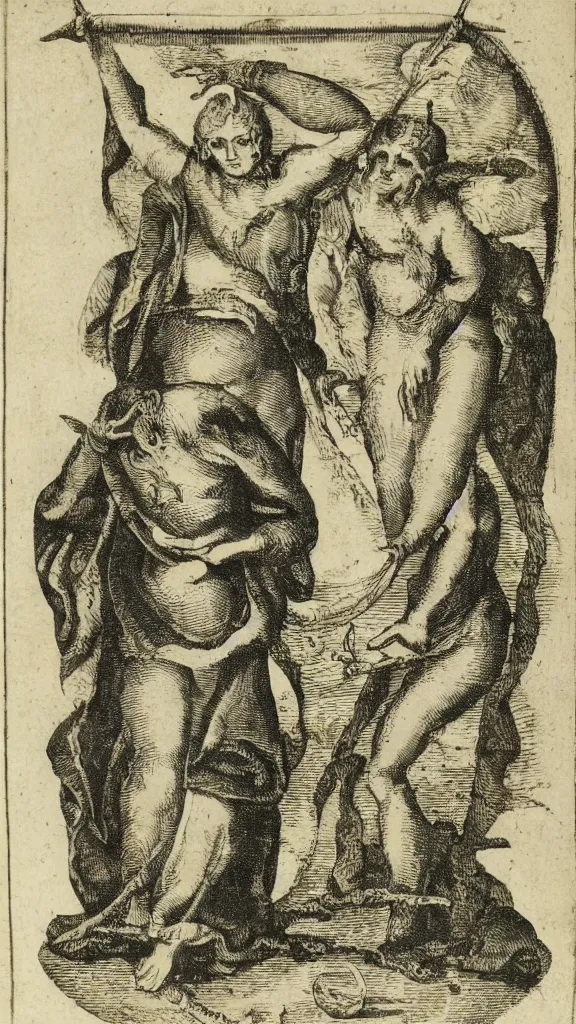 Image similar to esoteric etching print of the devil and his wife, amphitheatrum sapientiae aeternae, 1 5 9 5