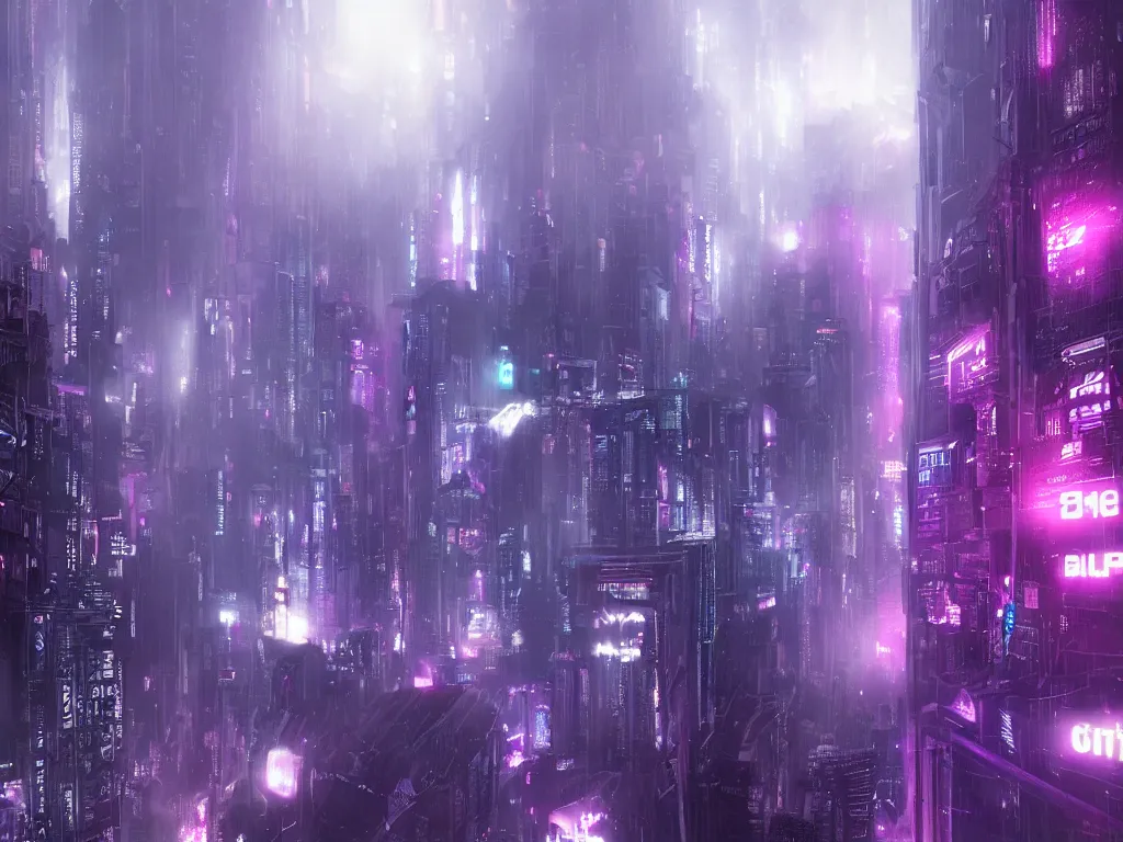 Image similar to blade runner city, high quality, cyberpunk, purple