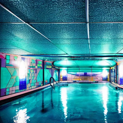 Prompt: 9 0 s waterpark glowing edges teal tiled ceiling empty liminal dark with camera flash