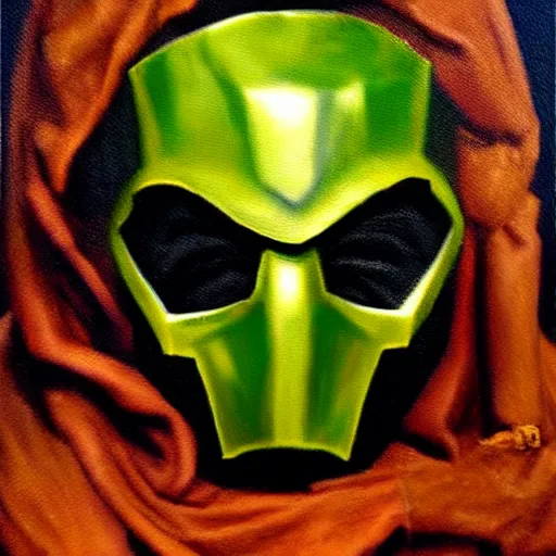 Prompt: dr doom mask, oil painting by rembrandt