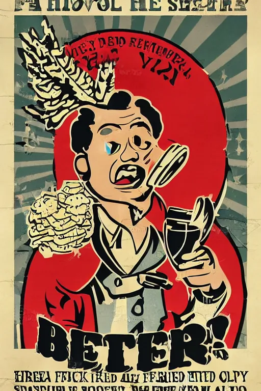 Image similar to worker revolution drinking beer and fried chicken through his head, poster propaganda art style, higly detailed