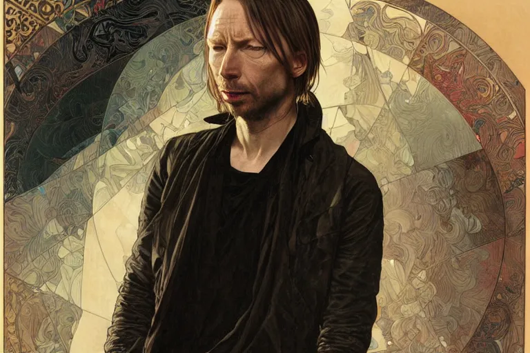 Image similar to hyper realistic portrait of ( thom ) yorke singer songwriter, side, liminal space, by lee bermejo, alphonse mucha and greg rutkowski