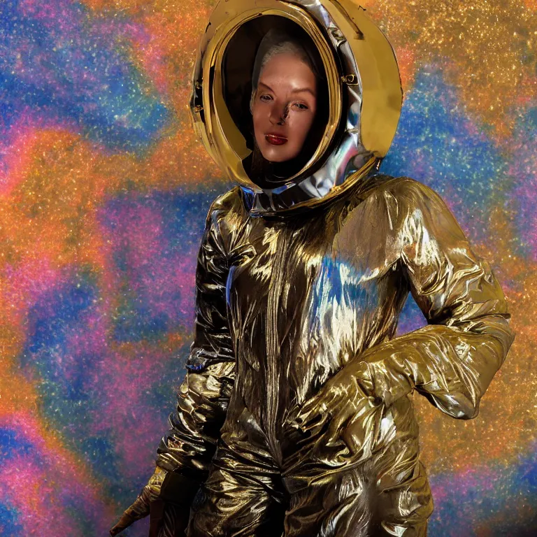 Image similar to octane render portrait by wayne barlow and carlo crivelli and glenn fabry, subject is a woman covered in tie - dye aluminum foil space suit with a iridescent metallic space helmet, inside a dark gothic rococo palace, cinema 4 d, ray traced lighting, very short depth of field, bokeh