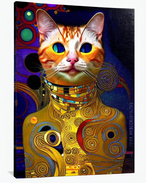 Image similar to futuristic cat portrait an oil painting splashes with many colors and shapes by gustav klimt greg rutkowski and alphonse mucha, polycount, generative art, psychedelic, fractalism, glitch art