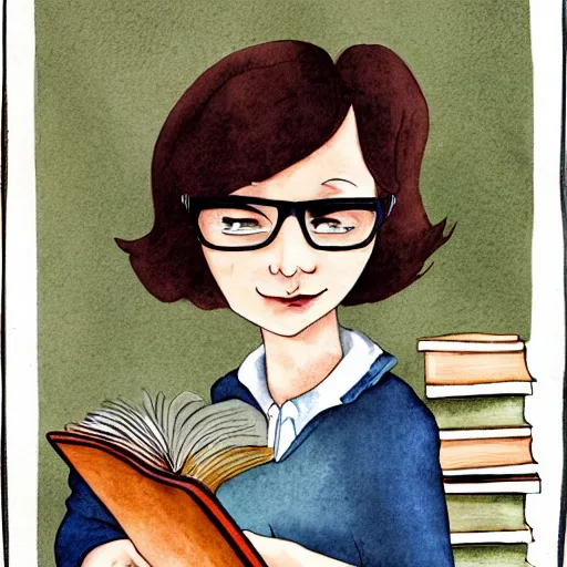 Prompt: a woman with brown hair and glasses sitting on a tall pile of books, reading a book. cel shaded watercolor painting, beautiful cartoon art with highly detailed face.