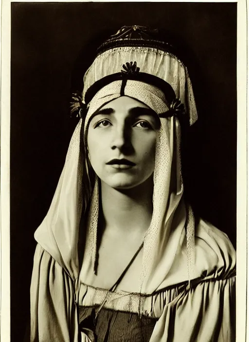 Prompt: portrait of young woman in renaissance dress and renaissance headdress, art by tina modotti