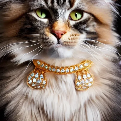 Prompt: A Maine Coon Cat wearing a golden necklace with diamonds