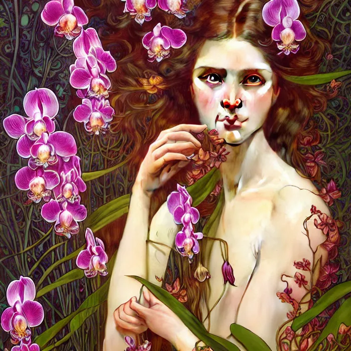 Image similar to psychedelic portrait of girl surrounded by orchids, diffuse lighting, fantasy, intricate, elegant, highly detailed, lifelike, photorealistic, digital painting, artstation, illustration, concept art, smooth, sharp focus, art by John Collier and Albert Aublet and Krenz Cushart and Artem Demura and Alphonse Mucha