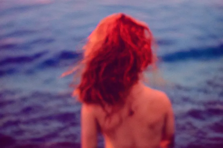 Image similar to colored film photography, tumblr aesthetic, close-up from behind woman swimming in ocean at night, blue light