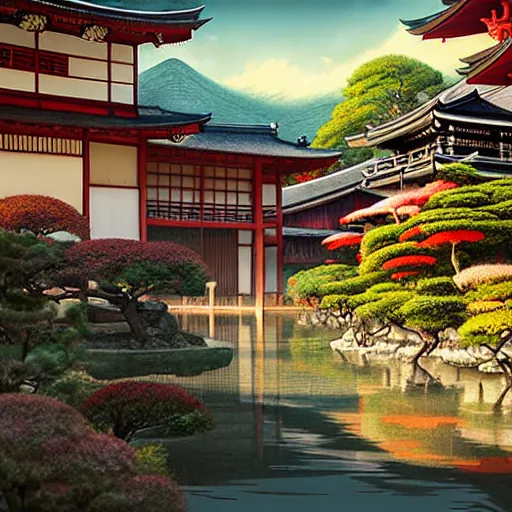 Image similar to old japanese town with garden viewed from harbor, d & d digital painting, ultra realistic, beautiful, volumetric lighting, warm colors advance, cell shading, by james jean, greg rutkowski,