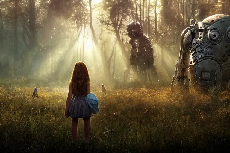 Image similar to the great beyond, sci - fi scene future new york, little girl holding a hand of a big robot, forest punk, crepuscular rays, epic scene, hyper realistic, photo realistic, overgrowth, cinematic atmosphere, ethereal lighting