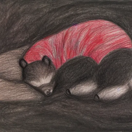 Image similar to drawing of a cubs sleeping in wet black oil, red ballpoint pen, outsider art style