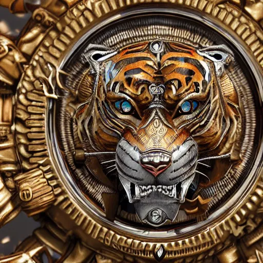 Prompt: A steampunk roaring tiger head made from ornate engraved full plate armor and watch gears and several jewels, macro shot by Justin Gerard, unreal engine, detailed, intricate, physically based rendering