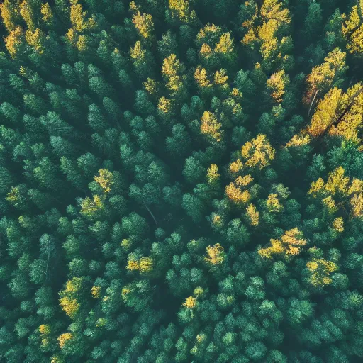 Prompt: a drone shot of a forest, dusk, slightly foggy, grainy footage,