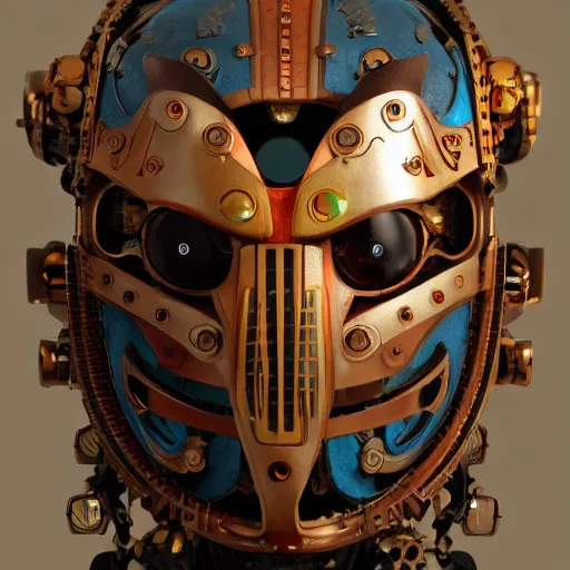 Prompt: steampunk tribal mask, robot, japanese pottery, vivid colors, wood, metal, intricate details, trending on cgsociety, concept art, glowing eyes, sharp focus, ultra realistic details, cinematic atmosphere, global illumination, shadows, octane render, 8 k