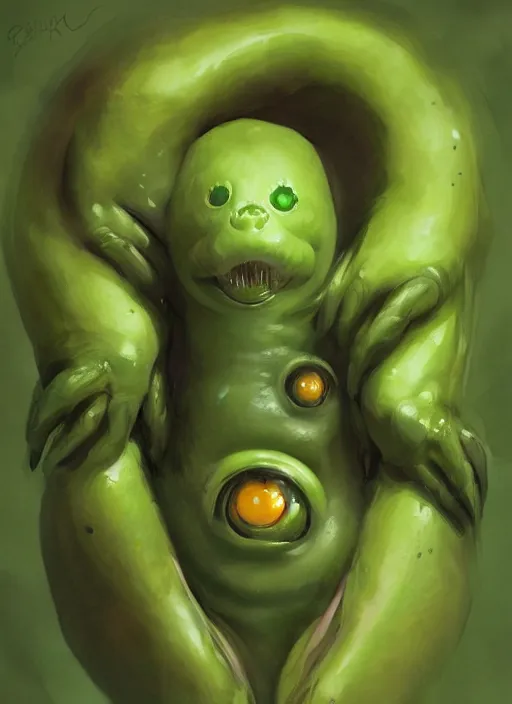 Image similar to portrait of my waifu cute innocent green amorphous blob, slimy alien creature with adorable uwu eyes, it has several human arms out stretched to grab me. painted by greg rutkowski, wlop,,