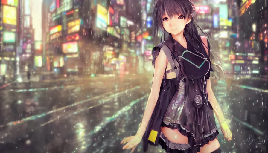 Image similar to cute anime girl in a cyberpunk city by wlop, detailed eyes, heterochromia, closeup, short minidress, light clothing, light rain, hyper real, detailed digital art, hatsune miku, photorealistic