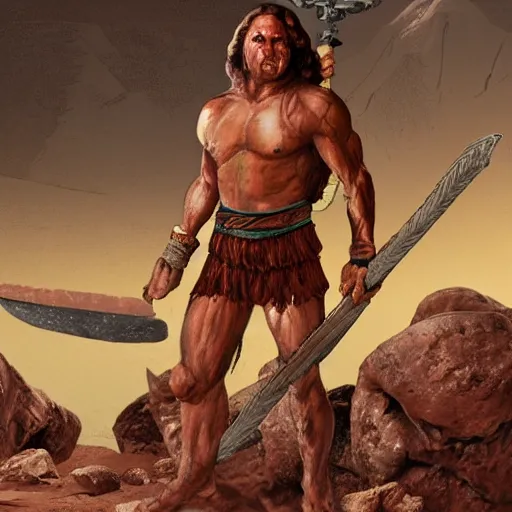 Prompt: muscular human barbarian on mars, standing on boulder, sword and sorcery illustration