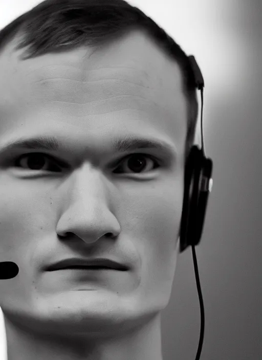 Image similar to perfect symmetric face, coherent eyes. vitalik buterin in headphones. vitalik buterin, close up, high detail, very sharp, 4 k