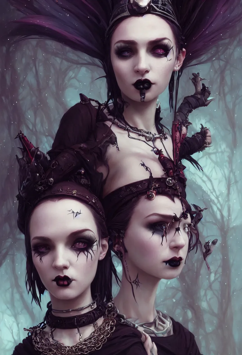 Image similar to beautiful very extreme closeup portrait, goth girl, piercings collar, mohawk hairstyle, medieval dress. witch, makeup. unreal engine, greg rutkowski, loish, rhads, beeple, tom bagshaw, alphonse mucha, global illumination, detailed and intricate environment