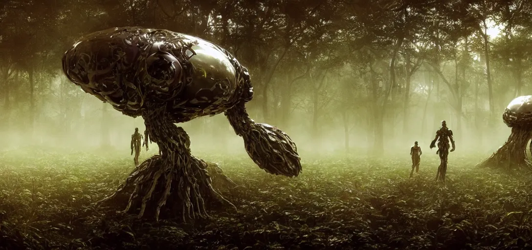 Image similar to a complex organic fractal 3 d metallic symbiotic ceramic humanoid megastructure creature in a swampy lush forest, foggy, cinematic shot, photo still from movie by denis villeneuve, 9 0 s anime