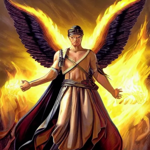 Image similar to biblically accurate angel, epic propaganda poster, holding a flaming sword above his head, strength, health, confidence, in the style of magic the gathering cart art, hypermasculine, ancient soldier, flying in the sky, triumphant pose,