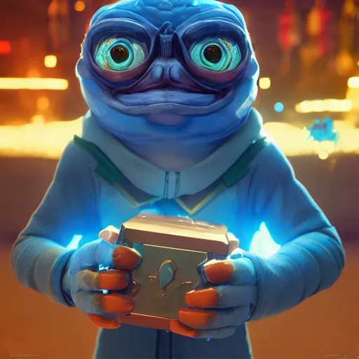 Image similar to pepe holding blue crystals, loot box, chest, vault, wadim kashin, simon stalenhag, featured in artstation, octane render, cinematic, elegant, intricate