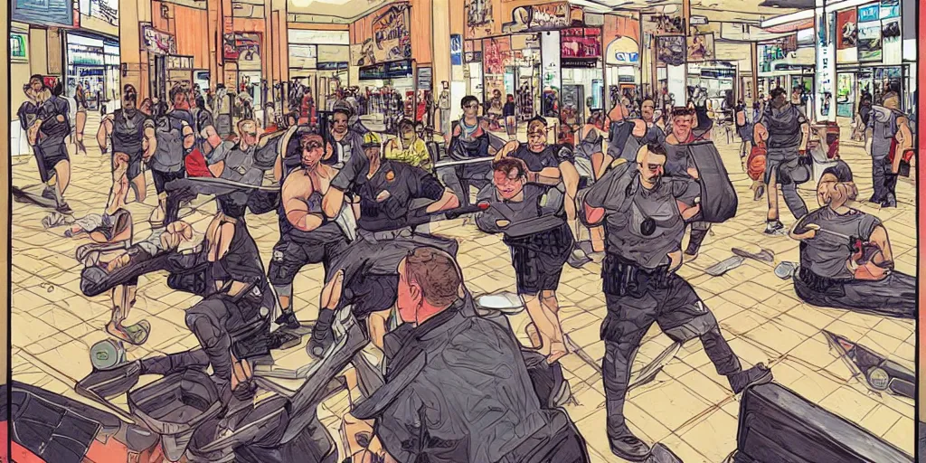 Image similar to Mall cops vs weightlifters. Epic painting by James Gurney and Laurie Greasley.