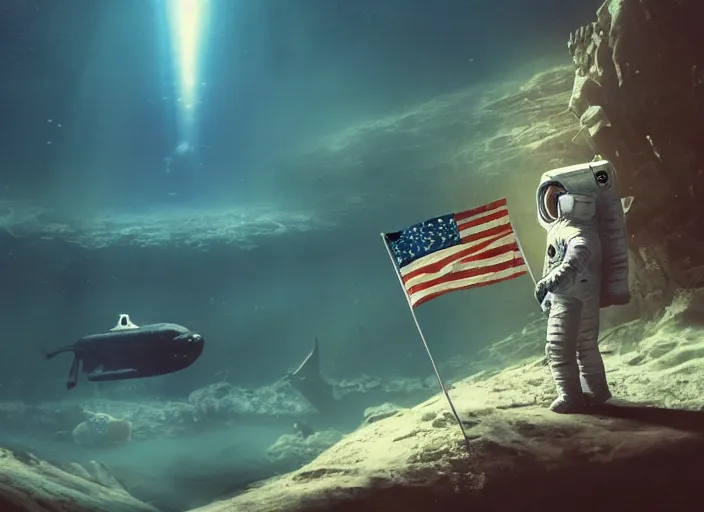 Image similar to astronaut holding a flag in an underwater desert. a submarine is visible in the distance. dark, concept art, cinematic, dramatic, atmospheric, 8 k, trending on artstation, blue, fish, corals, low visibility, light rays, extremely coherent, bubbles, fog, ocean floor, christopher nolan, interstellar