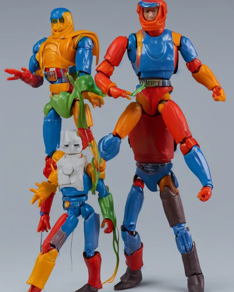 Prompt: product photo of a colorful kenner 1 9 8 0's action figure, five points of articulation, sci - fi, 8 k, full body, studio lighting