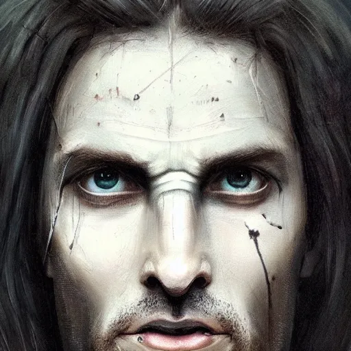 Image similar to Portrait of a man by Greg Rutkowski, he is about 30 years old, messy long black hair, tired appearance, roman nose, he has become some sort of biomechanical transhuman god with eyes that glow electric blue, peaceful but sad expression, highly detailed portrait, digital painting, artstation, concept art, smooth, sharp foccus ilustration, Artstation HQ.