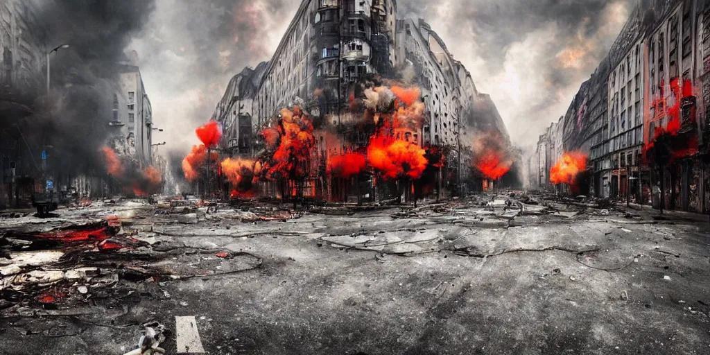 Image similar to post - apocalyptic kreuzberg streets covered in colorful smoke, burned cars, explosions, hyperrealistic, gritty, damaged, dark, urban photography, photorealistic, high details