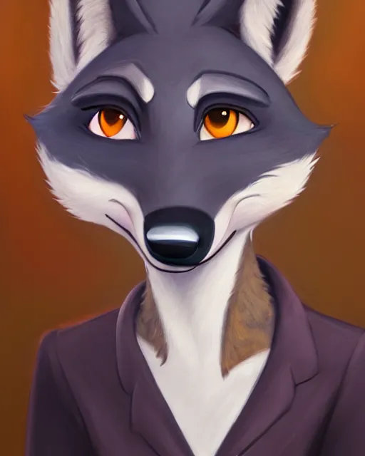 Image similar to oil painting of anthromorphic female wolf, in style of zootopia, female fursona, furry, furaffinity, 4 k, deviantart, furry art, fursona art, wearing black business suit, business suit, wolf fursona, female, very expressive detailed feminine face,