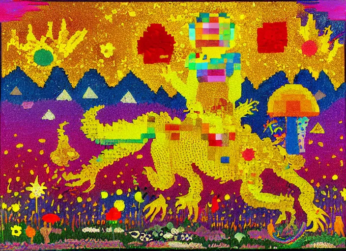 Image similar to pixel decollage painting golden armor alien zombie horseman riding on a crystal bone dragon broken rainbow diamond maggot horse in a blossoming meadow full of colorful mushrooms and golden foil toad blobs in a golden sunset, distant forest horizon, painted by Mark Rothko, Helen Frankenthaler, Danny Fox and Hilma af Klint, pixelated, neo expressionism, semi naive, pastel colors, cinematic, color field painting, cave painting, voxel, pop art look, outsider art, minimalistic. Bill Traylor painting, part by Philip Guston and Francis Bacon. art by Adrian Ghenie, very coherent symmetrical artwork, cinematic, hyper realism, high detail, octane render, unreal engine, Smooth gradients, depth of field, full body character drawing, extremely detailed, 8k, extreme detail, intricate detail, masterpiece