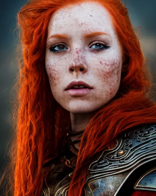 Prompt: north female warrior, red hair, ginger hair, long hair, fantasy, female Viking, high detailed, photography, cloudy, lightweight leather armour, Scandinavia, plain, detailed face, beautiful face, look into the distance, professional model, glowing skin, serious face, full body, professional photographer, masterpiece, 50 mm, 8k, 3D