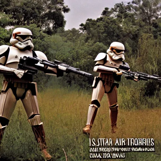 Image similar to star wars clone troopers combat soldiers in vietnam, photo, old picture, lush landscape, jungle, firearms, explosions, helicopters, aerial combat, active battle zone, flamethrower, air support, jedi, land mines, gunfire, violent, star destroyers, star wars lasers, sci - fi, jetpacks, agent orange, bomber planes, smoke, trench warfare