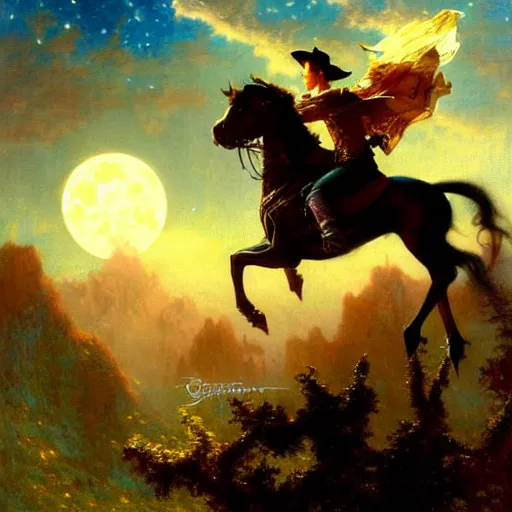 Image similar to attractive male witch magically flying with no horses, trough the night, fantasy, full moon in background. highly detailed painting by gaston bussiere, craig mullins, j. c. leyendecker, mid shot, 8 k