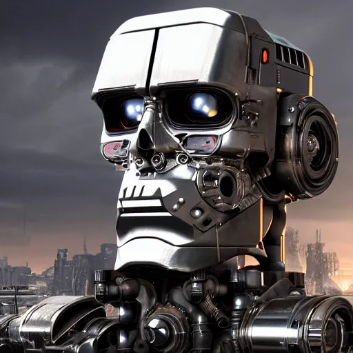 Image similar to closeup on the head of a terminator with borg enhancements, cameras for eyes, open head without plating and all components and gears are visible inside, ultra detailed 8k. There is a dystopian city in the background. Rendered with unreal 5 engine with ray tracing and tessellation