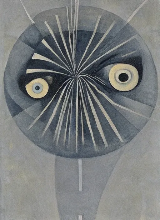 Image similar to abstract alien eyeball with minimalistic and aesthetic geometric shapes and patterns, muted color palette, symmetric, symbolist, abstract, spiritual art painting by Hilma At Klint