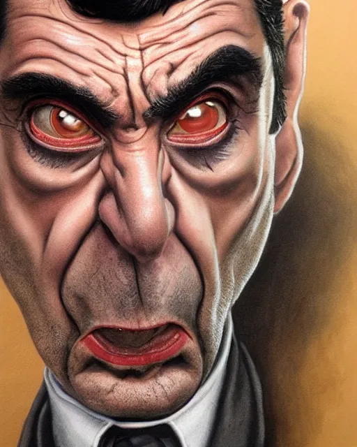 Prompt: portrait of mr bean, gritty, dark, wearing a leather jacket very detailed eyes, hyperrealistic, very detailed painting by Glenn Fabry, by Joao Ruas, by Artgerm