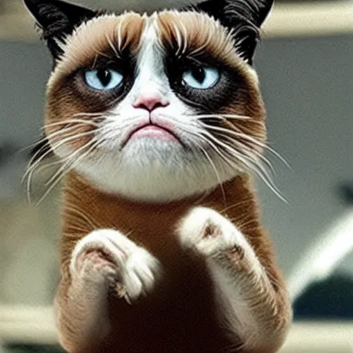 Image similar to nicolas cage as grumpy cat, kung fu fighting